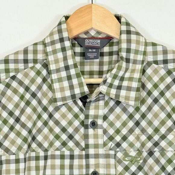 Outdoor Research OR Tan Green Plaid Short Sleeve Button Front Shirt Men's Medium - Picture 2 of 8